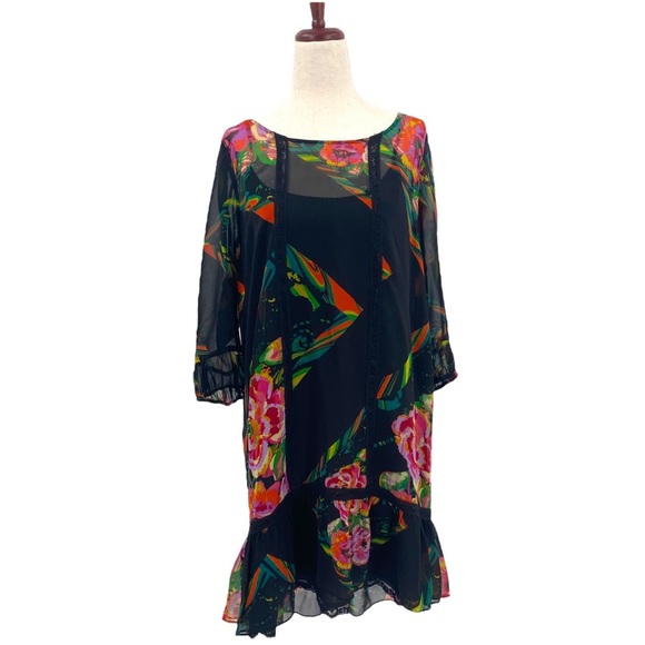 Anthropologie Moulinette Soeurs Black Floral Silk Sheer Dress Medium - Picture 1 of 9